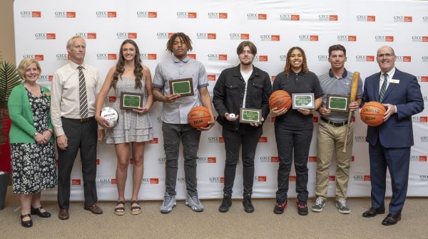 GTCC Vice President of Student Services Ann Proudfit, Ph.D.; GTCC Athletic Director Kirk Chandler; 2024 MVP Award Winners Riley Blake (Volleyball), Deuce Ford (Men's Basketball), Michael Smith (Esports), Bentlee Chockley (Women's Basketball), and Tucker Genovesi (Baseball); and GTCC President Anthony Clarke, Ph.D.